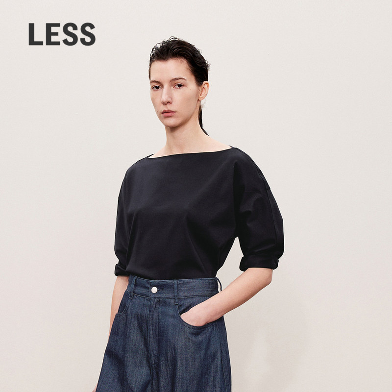 LESS春秋一字领七分袖T恤女简约通勤黑全棉宽松上衣女2O911