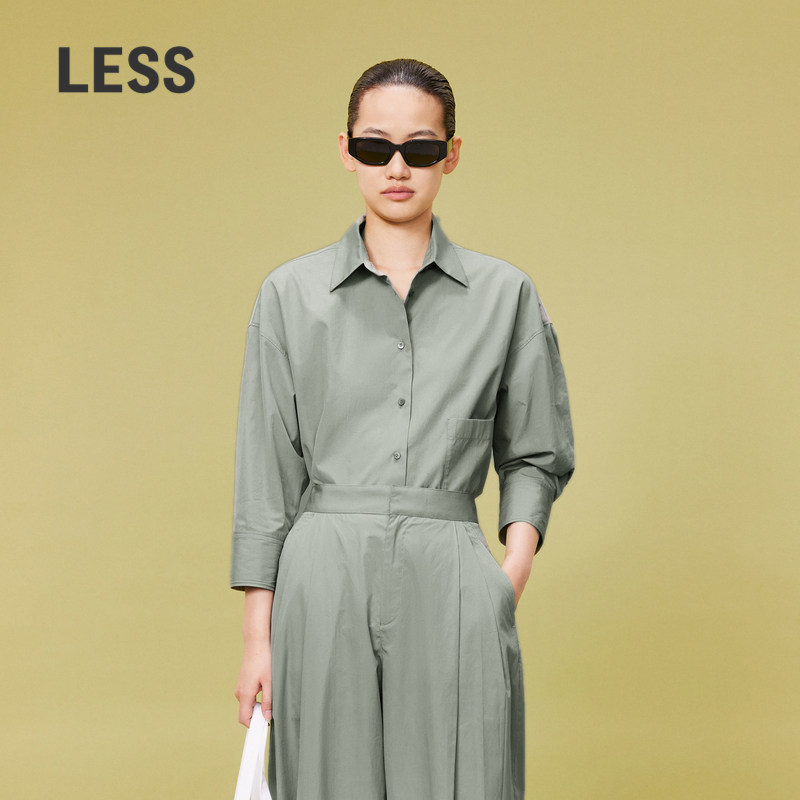 LESS春休闲通勤工装风长绒棉衬衫女时尚翻领八分袖衬衣2O521