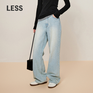 子女2OAE13870 直筒裤 LESS全棉喇叭牛仔裤 女休闲复古磨白水洗长款