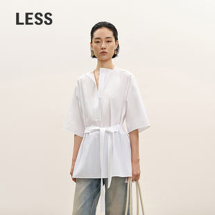 【商场同款】LESS2026春新款宽松无领系带中袖纯白衬衫2Q3216820