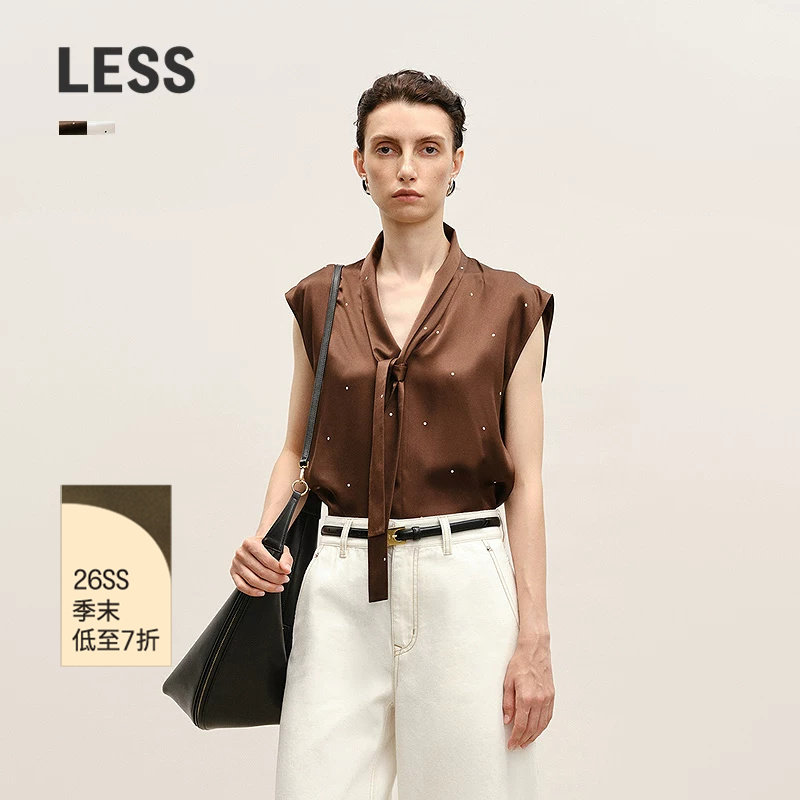 LESS桑蚕丝V领飘带无袖波点衬衫图片