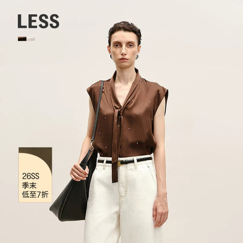 LESS桑蚕丝V领飘带无袖波点衬衫