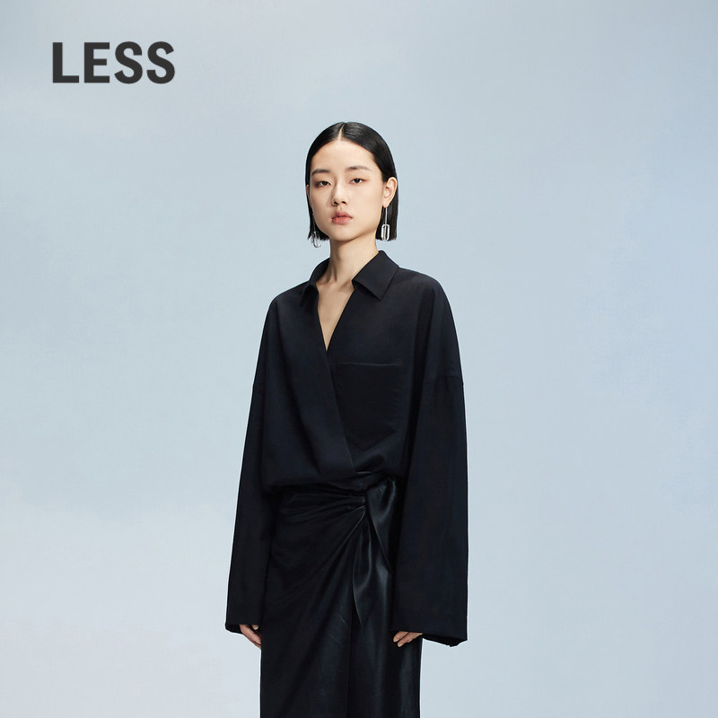 LESS春秋绵羊毛交叠式套头上衣女时尚休闲简约衬衫女2O8213410图片