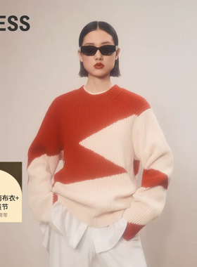 LESS套头提花毛衣女几何红色撞色嵌花绵羊毛厚针织衫女2OB313740