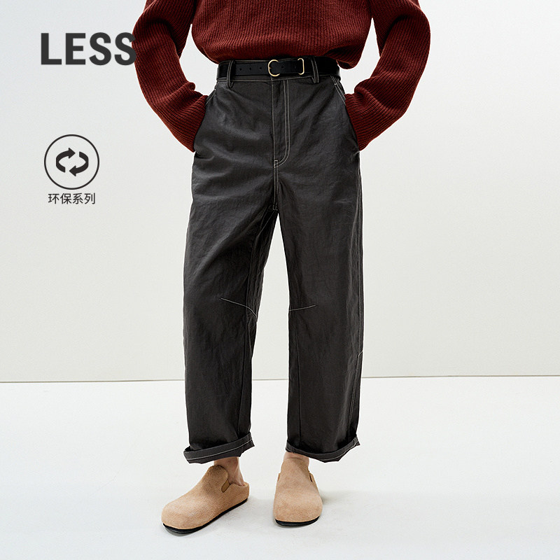 LESS春环保亚麻宽松舒适明线高腰休闲九分弯刀裤子女2P1E12