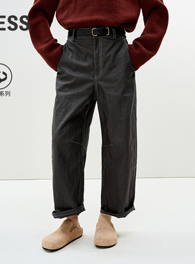 LESS春环保亚麻宽松舒适明线高腰休闲九分弯刀裤子女2P1E12730