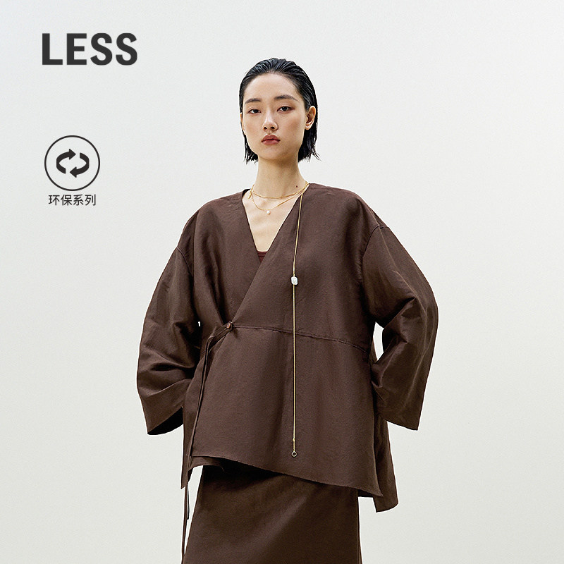 LESS宽松无领外套女设计感新中式环保麻料休闲长袖上衣2P461