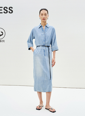 LESS春夏环保莱赛尔牛仔连衣裙女通勤中袖休闲衬衫裙子2P4G10220