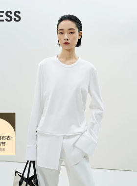 LESS春拼接白色松弛廓形宽松圆领长袖棉质简约T恤女2P2114180