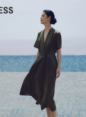 LESS春季全棉V领连衣裙通勤休闲素雅感纯色短袖收腰长裙2P5G13270