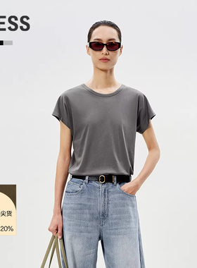 LESS夏简约丝棉质圆领短款气质通勤上衣休闲短袖T恤女2P4110500