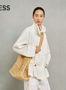 LESS春季立领收腰夹克女全棉设计感工装休闲抽绳外套2P3613440