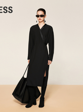 LESS春秋桑蚕丝连衣裙女通勤设计感长袖V领交叠黑长裙2O8G14720