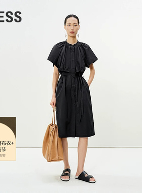 LESS夏季假两件短袖连衣裙女全棉收腰宽松黑色显瘦裙子2P5G14080