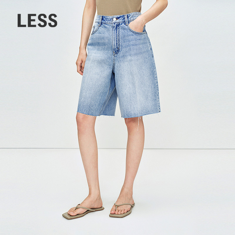 LESS夏季全棉阔腿牛仔中裤女高腰复古水洗休闲五分裤2P6E12