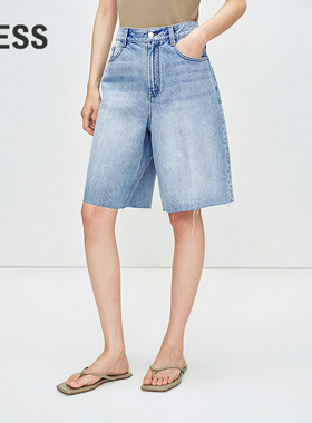 LESS夏季全棉阔腿牛仔中裤女高腰复古水洗休闲五分裤2P6E12110