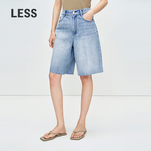 2P6E12110 女高腰复古水洗休闲五分裤 LESS夏季 全棉阔腿牛仔中裤