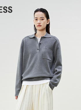 LESS春绵羊毛口袋肩线设计毛衫简约polo领套头针织衫女2P2312880