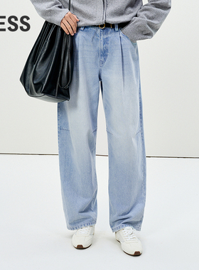 LESS春季牛仔弯刀裤女全棉水洗蓝百搭显瘦休闲气球长裤2P1E12240