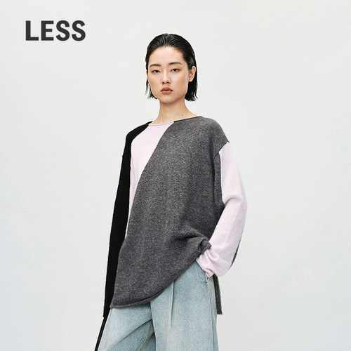 LESS撞色丝羊绒套头针织衫女