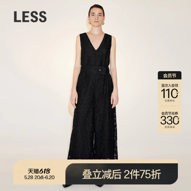 LESS春秋连体衣女无袖V领别致高级感蕾丝阔腿连体裤2N2F14
