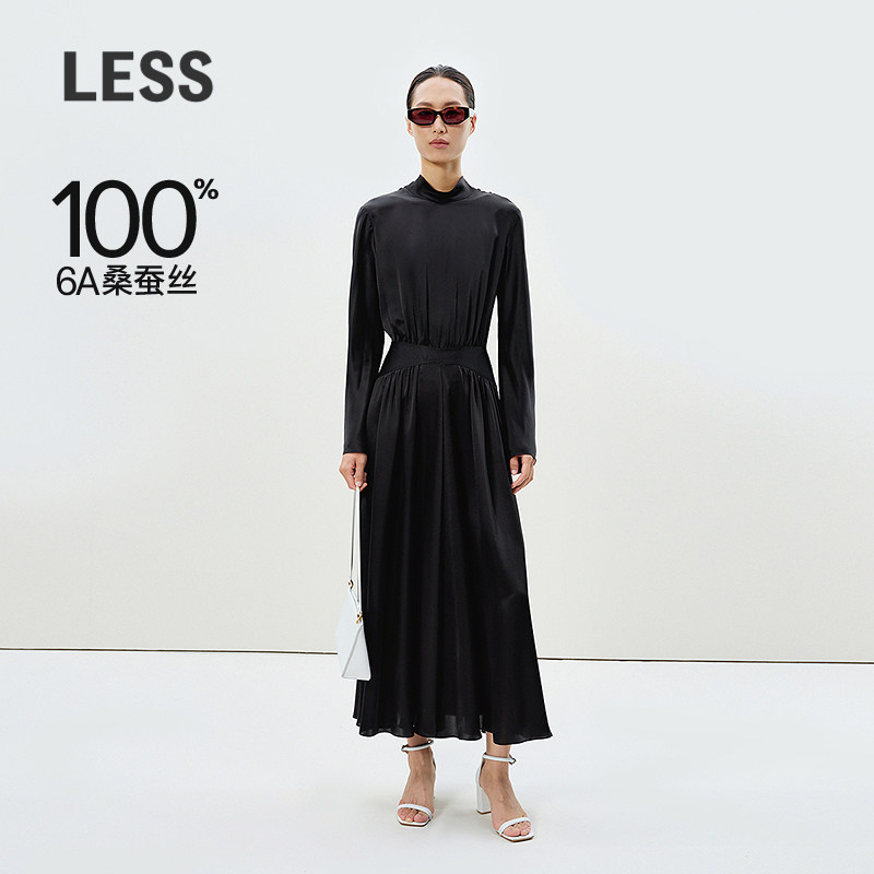 LESS春6A桑蚕丝气质收腰职场半高领礼服连衣裙子2P1G124