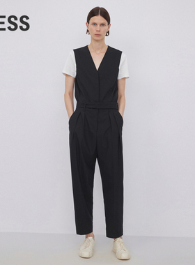 LESS春秋V领连体衣女V领通勤气质拼接撞色短袖连体裤2N7F11360