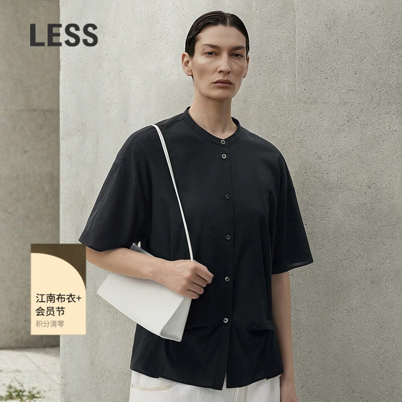 LESS新中式短袖衬衫女夏季圆领桑蚕丝改良设计感上衣女2P421