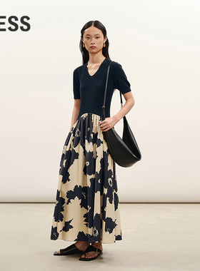 【商场同款】LESS2026春新款V领修身撞色拼接短袖连衣裙2Q1G15260