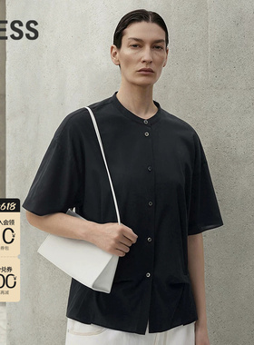 LESS新中式短袖衬衫女夏季圆领桑蚕丝改良设计感上衣女2P4210290