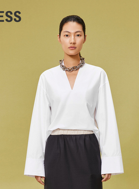 LESS春季新中式长袖衬衫女宽松大版廓形V领通勤白衬衣2O2211310