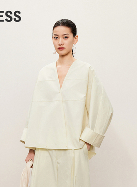 LESS春秋和服款衬衫女V领休闲宽松短款OVERSIZE衬衣女2O8211440