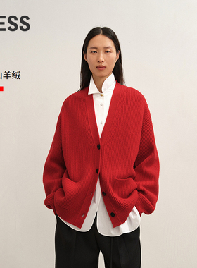 【商场同款】LESS2025冬新中长款红色针织开衫女含羊绒2PB318670