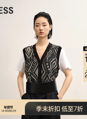 【商场同款】LESS2025秋新款长绒棉民族几何短袖针织衫2P7315170