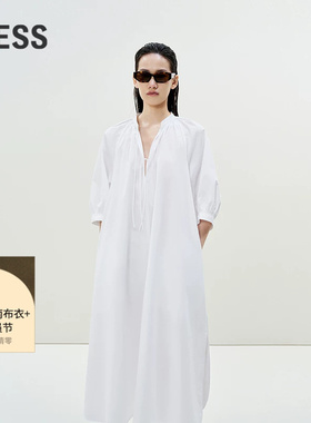 LESS度假风泡泡袖连衣裙气质全棉系带A字插肩袖廓形长裙2P3G20510