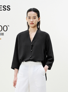 LESS夏质感七分袖V领慵懒休闲宽松桑蚕双绉真丝衬衫女2P5211380