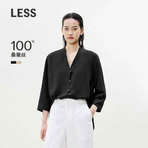LESS夏季V领七分袖桑蚕真丝衬衣