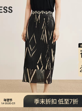 【商场同款】LESS2025年秋新款民族几何印花压褶半身裙2P7D17010