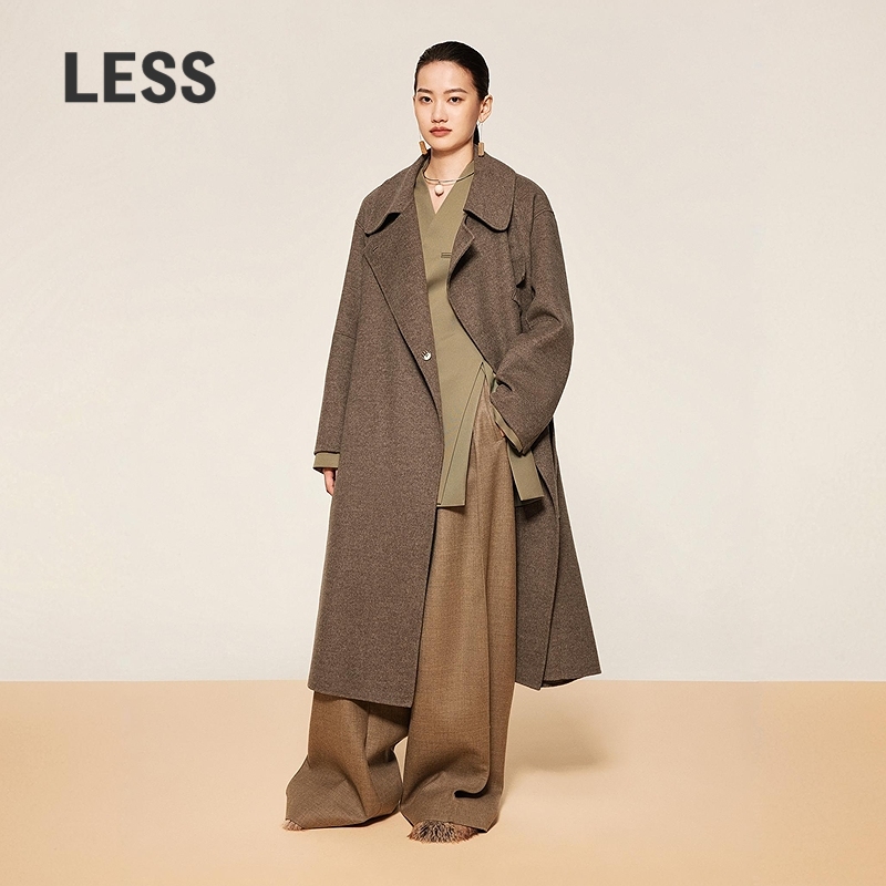LESS冬季含牦牛绒系带毛呢大衣