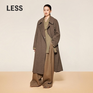 LESS冬季 毛呢大衣外套2X0810020 含牦牛绒大衣女宽松系带时髦长款