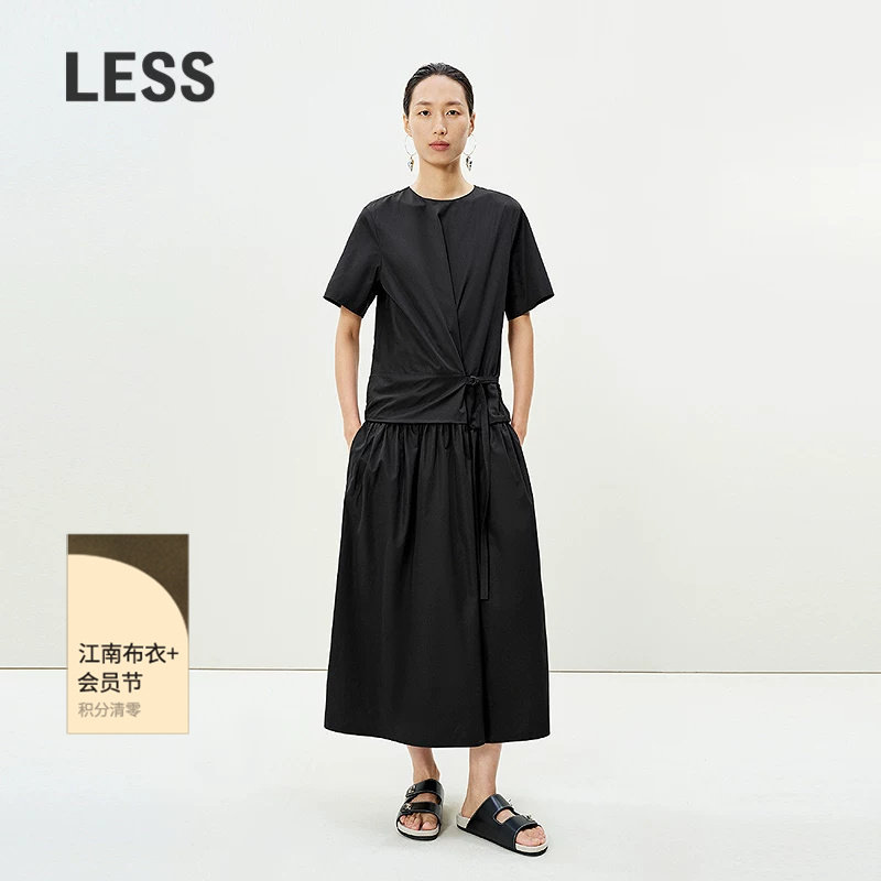 LESS夏拼接设计感抽褶简约休闲棉质T恤短袖连衣裙子2P4G13