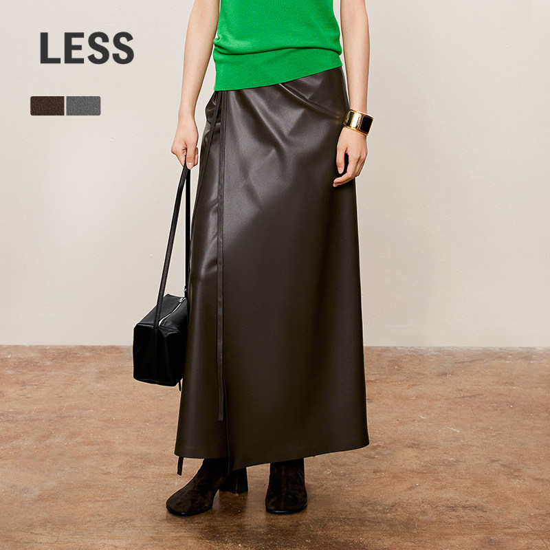 【精工系列】LESS春秋不对称下摆半身裙女直筒PU皮裙2O7D1