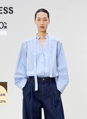 LESS春全棉衬衣立领长袖宽松休闲衬衫简约蓝色上衣女2P1213800