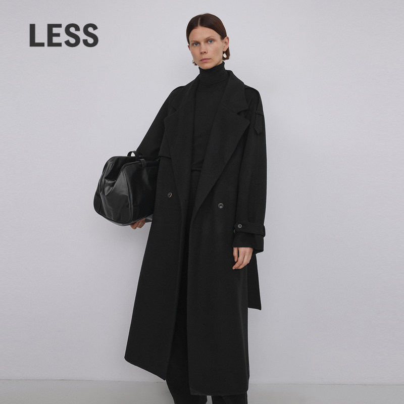 LESS冬季绵羊毛大女女宽松长款风衣式双面毛呢外套2NA8127