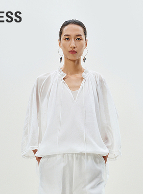 LESS春夏蕾丝拼接上衣女法式欧根纱七分袖两件套衬衫2P6220210