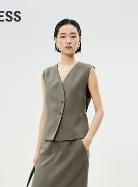LESS夏绵羊毛通勤休闲简约职场驼色西装短款马甲女2P5510310