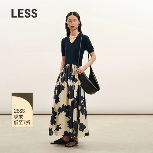 LESS修身V领撞色拼接短袖连衣裙