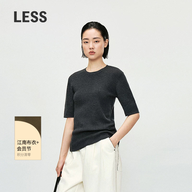 LESS春软糯简约气质T恤上衣短袖修身圆领套头羊绒衫女2P231