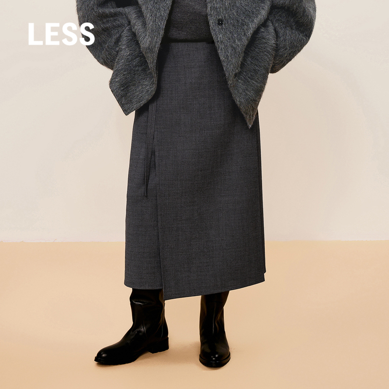 LESS冬时尚围裹式腰裙女直筒修身腰带设计中长款半身裙2O0D10200