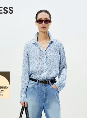 LESS春气质印花衬衫女复古设计感上衣含桑蚕丝蓝色衬衣2P1212510
